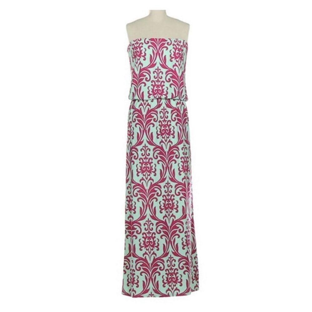 💥188 Fashionomics Strapless Pastel Green And Pink Maxi Dress